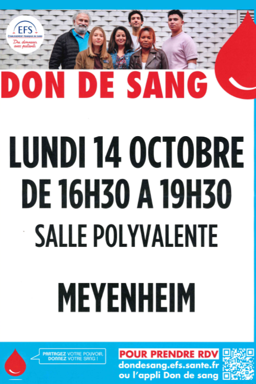 Don de sang à la salle polyvalente de Meyenheim le lundi 14 octobre 2024