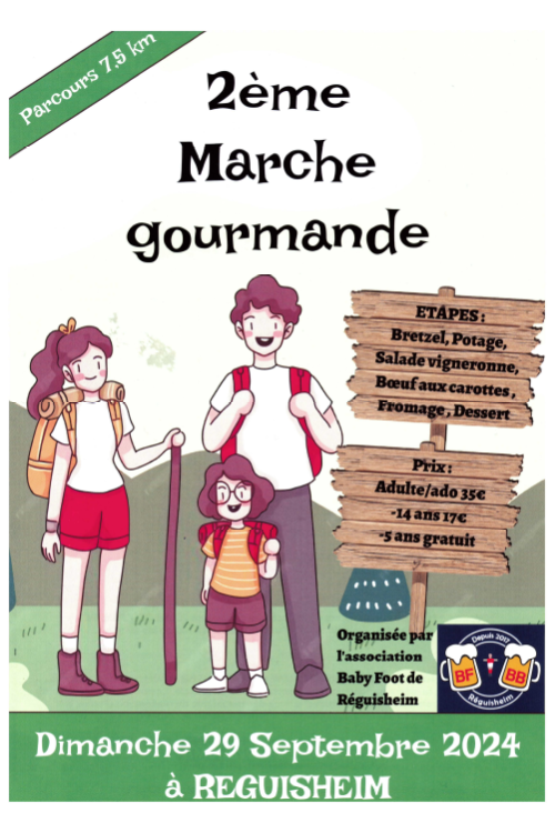 L'association Baby Foot de Réguisheim organise le dimanche 29 septembre 2024, sa deuxième marche gourmande. Pensez à vous inscrire !