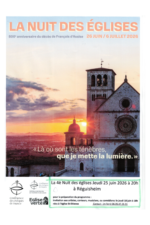 Nouvel événement à l'église St Etienne de Réguisheim : la nuit des églises le jeudi 25 juin 2026.